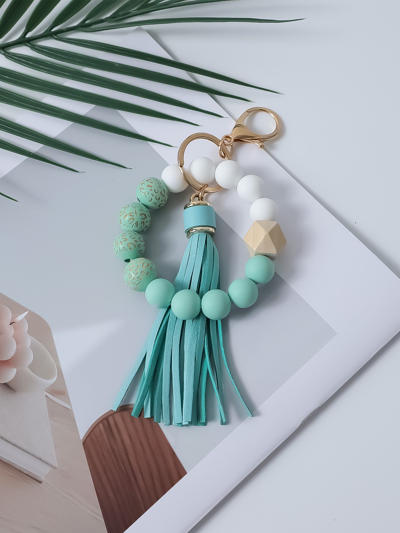 Wholesale Printed wooden bead bracelet with tassel wrist keychain